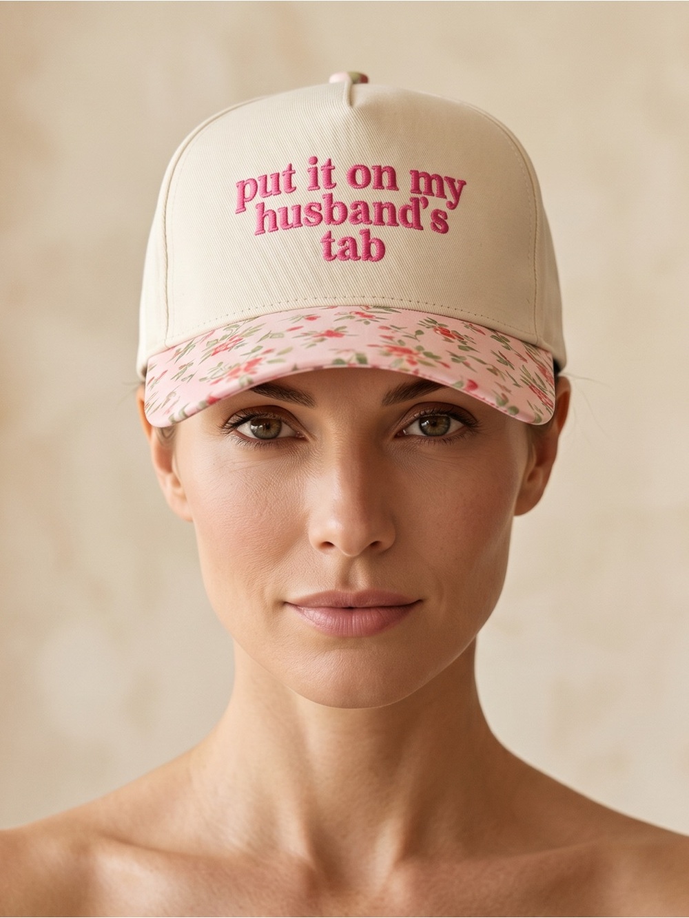 Put It On My Husband’s Tab - Embroidered Pink Floral Cap with Cream Base